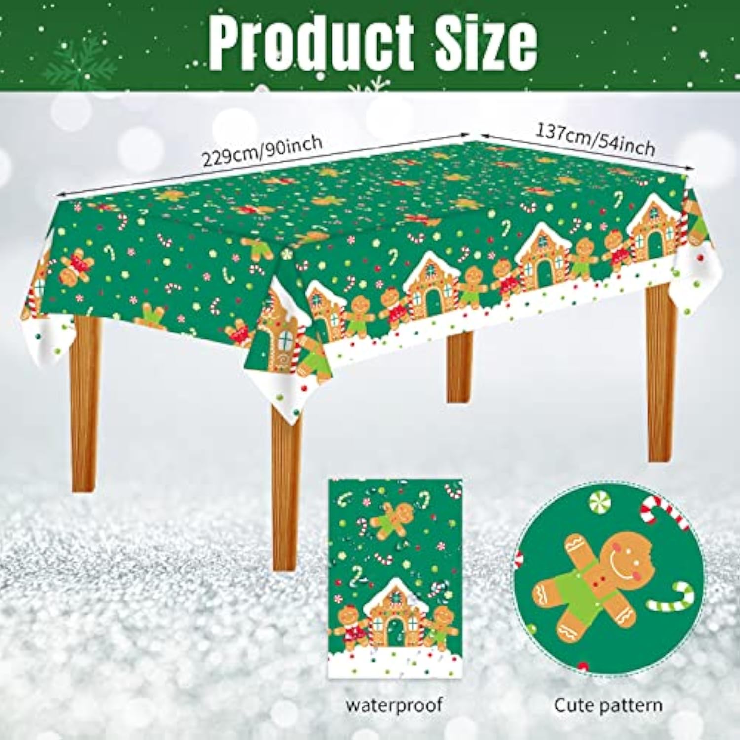 Christmas Tablecloths, Green Gingerbread Man Table Cover Rectangle Plastic Xmas Table Cloth For Merry Christmas Xmas Holiday Party Decorations Supplies (54 X 90 Inch, 2 Pcs)