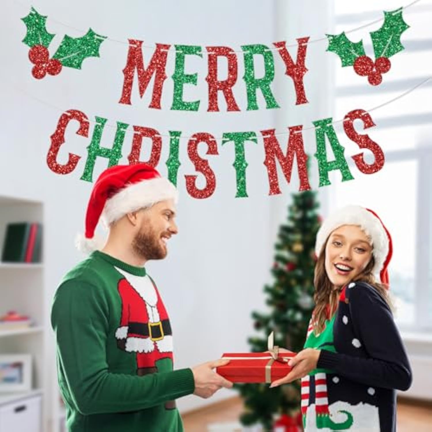Merry Christmas Red Green Banner Happy Holidays New Year Party Decor