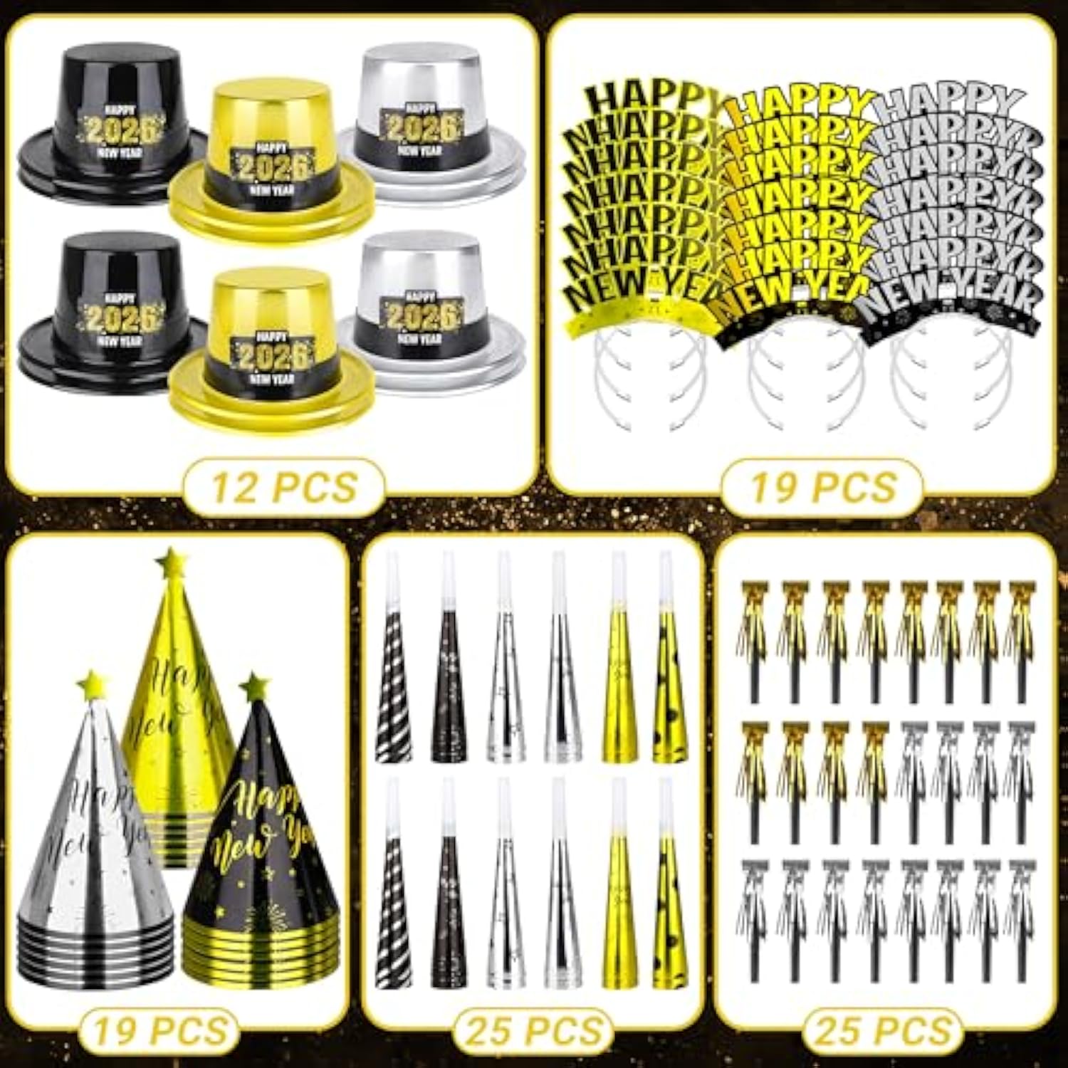 100 Pcs 2026 New Year Party Supplies for 50 People with Hats, Horns, and Headbands
