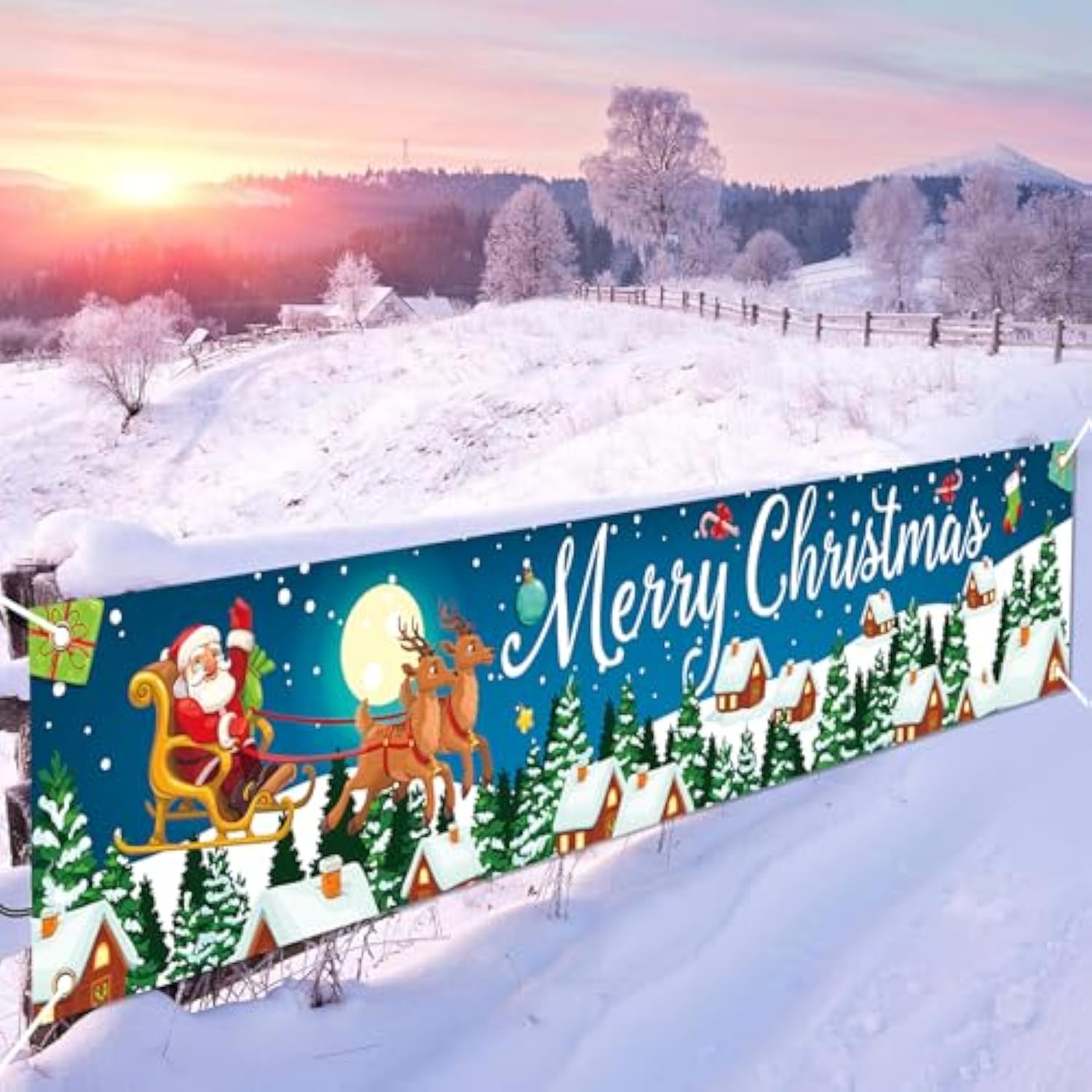 Christmas Banner Outdoor, Large Fabric Blue Merry Christmas Decorations With Santa Claus Reindeer Gifts Backgroud Banner, Xmas Yard Sign For Outside Fence Garden New Year Party Decor Supplies 210X40Cm