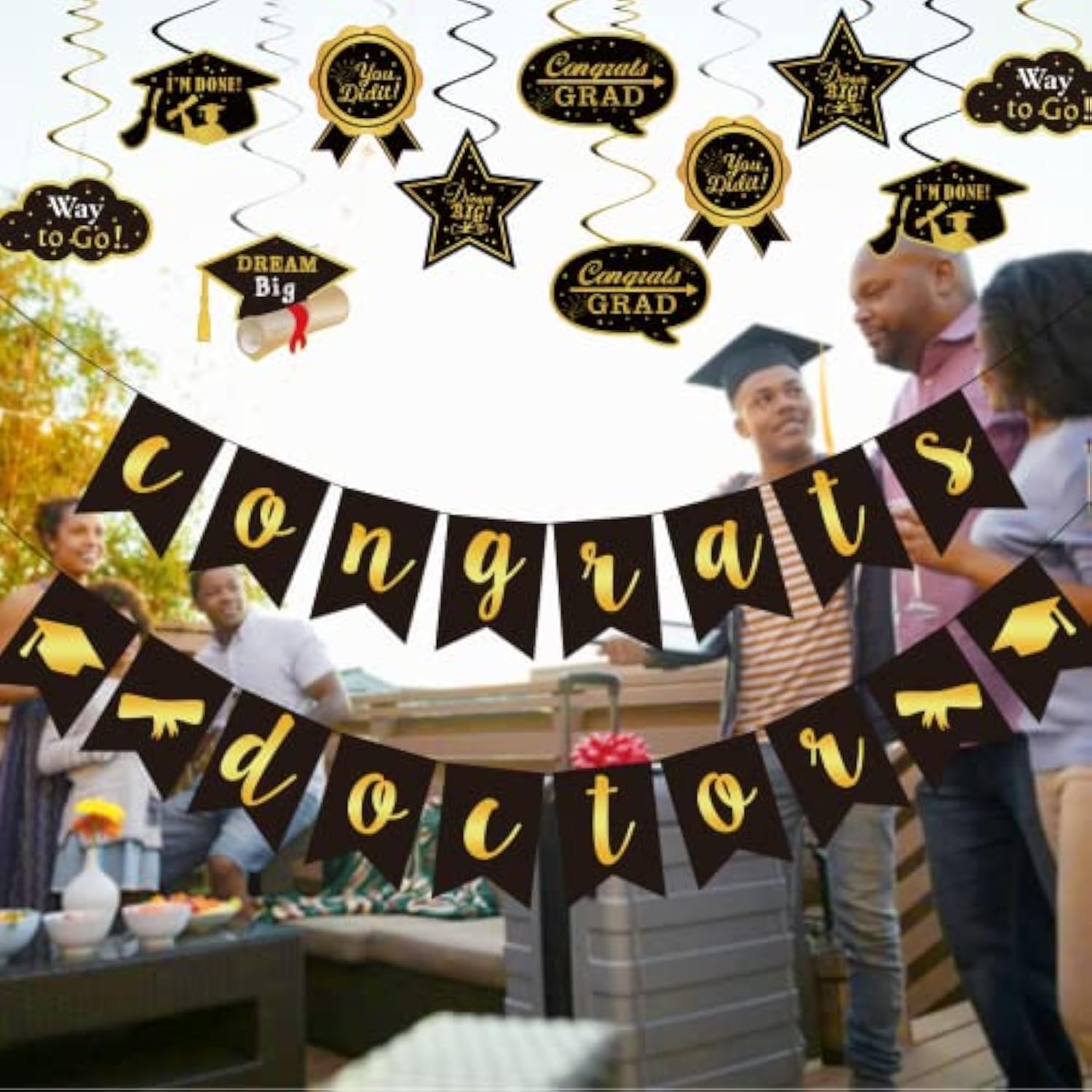 Congrats Doctor Banner & Swirl Streamers — Graduation Party Decorations