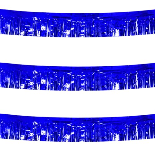 3 Pack Blue Total 30 Feet Foil Fringe Garland Metallic Tinsel Banner Wall Hanging Drapes Parade Float Skirting Decorations for Trailer Mardi Gras Party Birthday Baby Shower (Royal Blue)