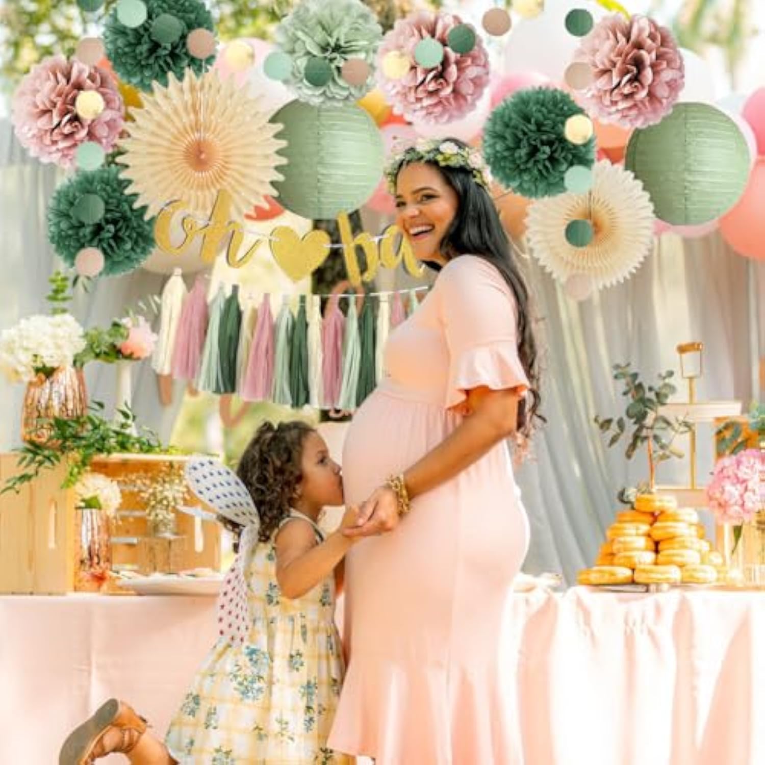 Dusty Pink And Sage Green Baby Shower Decorations Boho Oh Baby Shower Decorations For Girl Dusty Rose And Sage Green Paper Lanterns Pom Poms Beige Fans With Olive Cream Tassel Garland