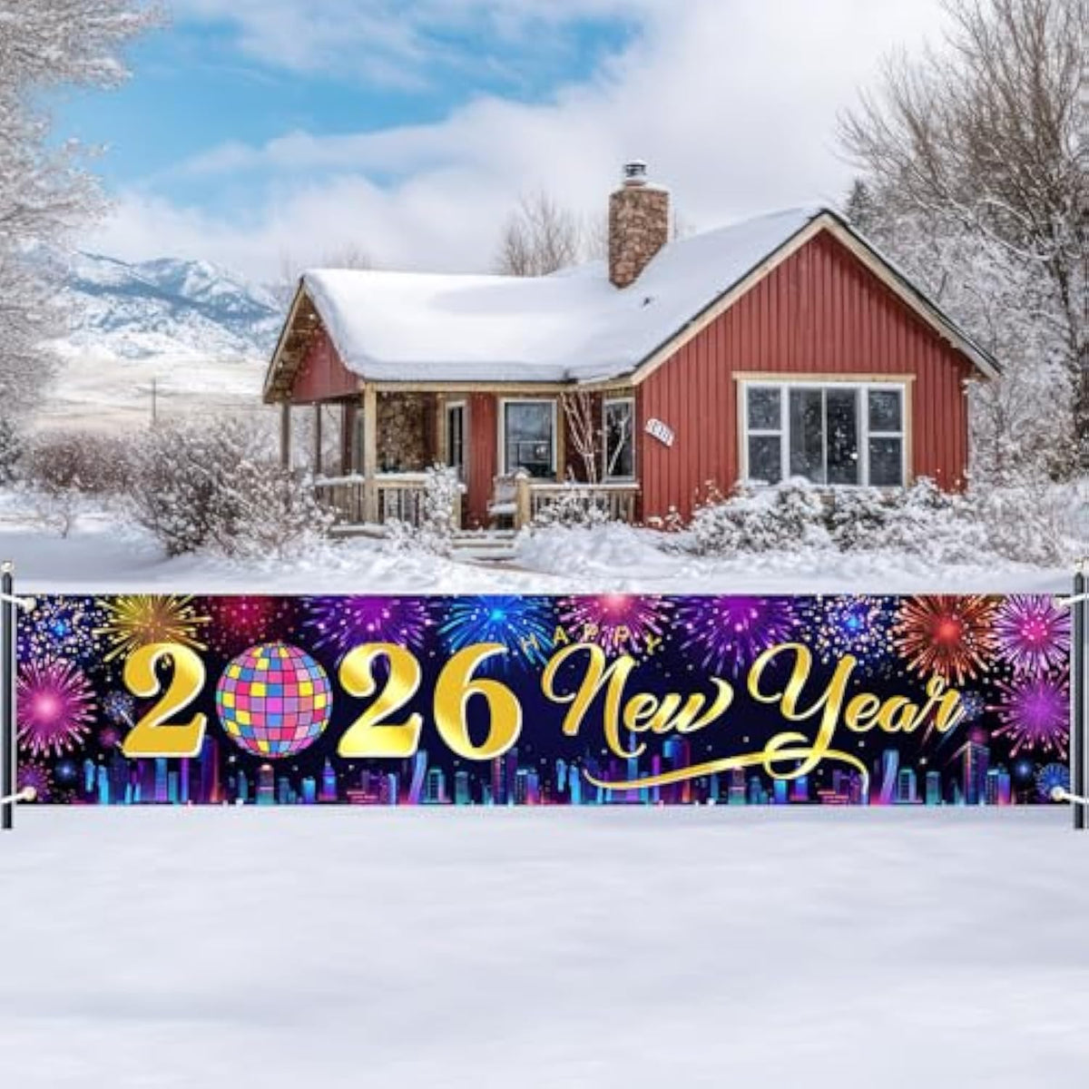 2026 Happy New Year Banner City Night Fireworks Party Backdrop 8x1.6ft
