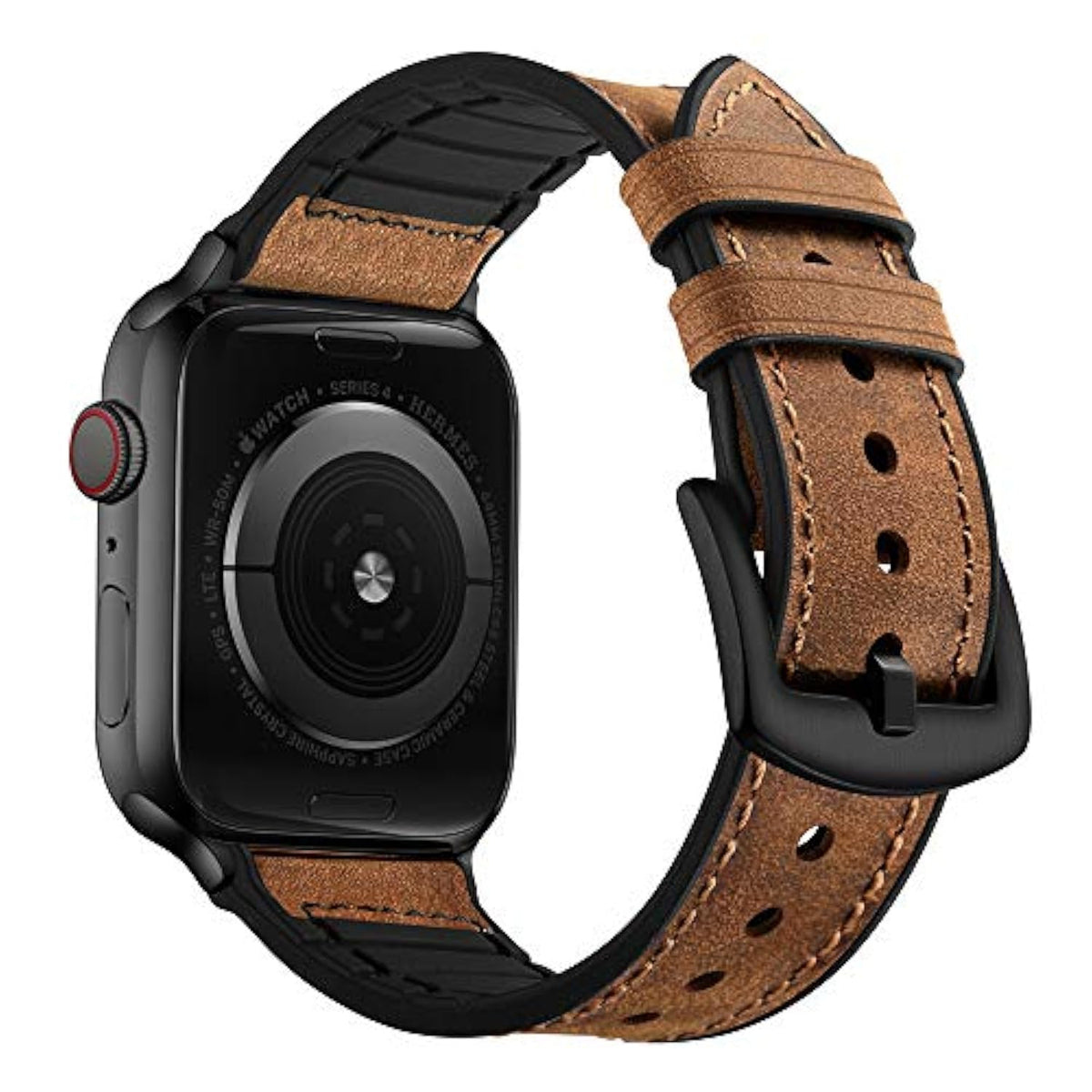 Compatible With Apple Watch Band 49Mm/46Mm/45Mm/44Mm/42Mm, Sweatproof Genuine Leather And Rubber Hybrid Band For Iwatch Ultra 2/1 Series 10 9 8 7 6 5 4 3 2 1 Se, Brown/Black