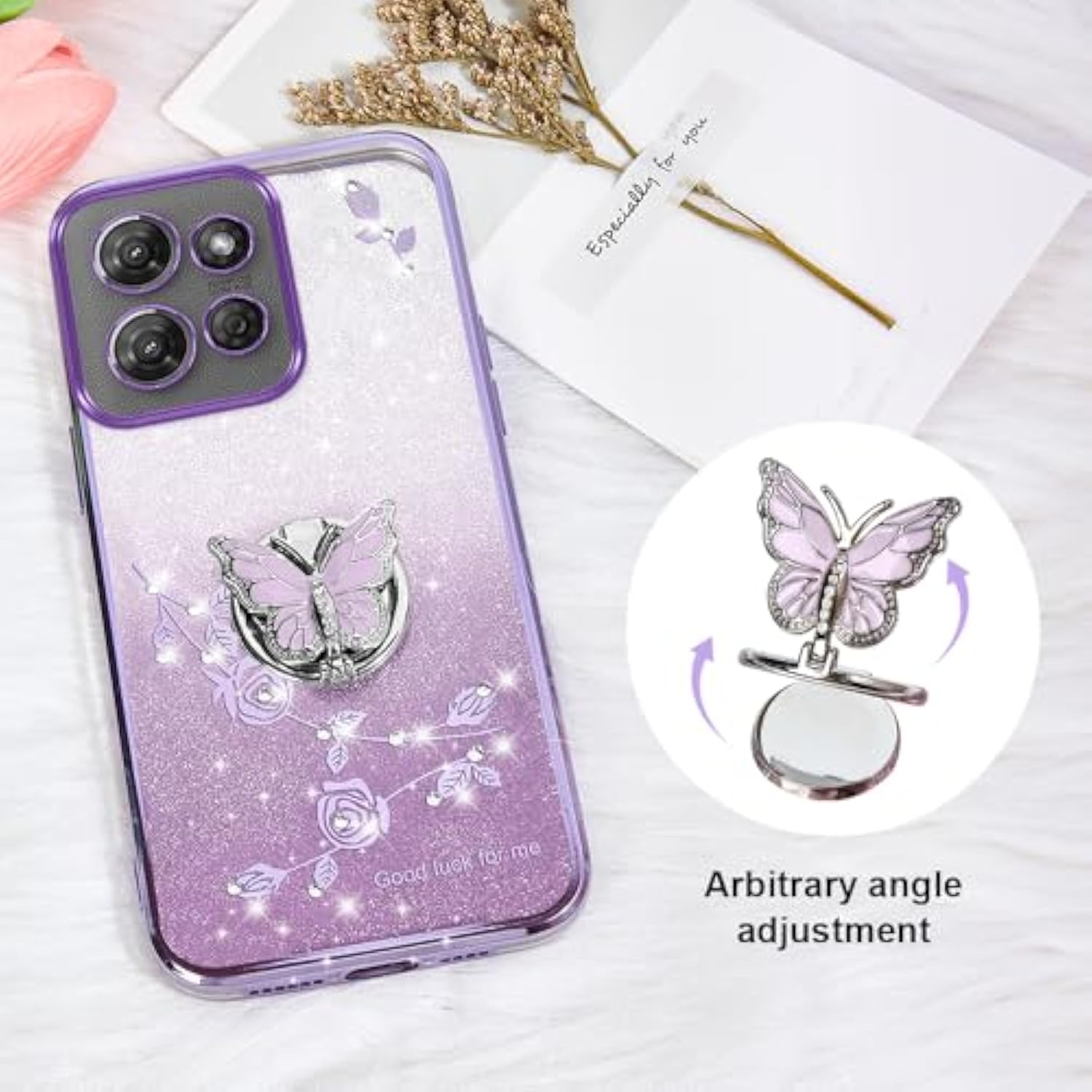 For Motorola Moto G Power 5G 2025 Phone Case,For Mobile Phone Case For Women And Girl, Glitter Butterfly Floral Tpu Protective Cover With Kickstand+Strap For Moto G Power 5G 2025 (Purple)