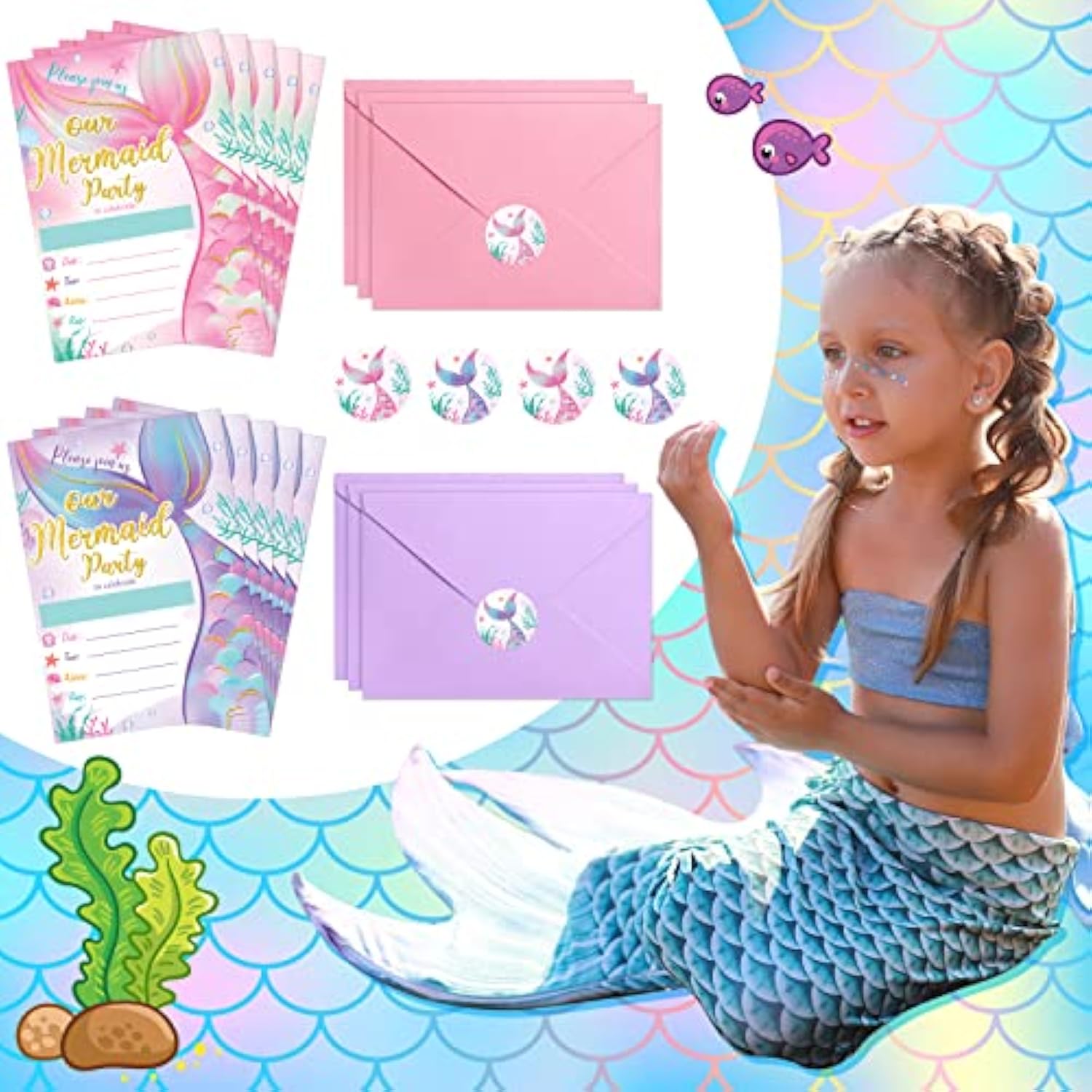 24 Sets Mermaid Birthday Invitations Include Mermaid Party Invitations Cards, Envelopes And Stickers For Girl Ocean Under The Sea Party Decorations Pool Birthday Supplies