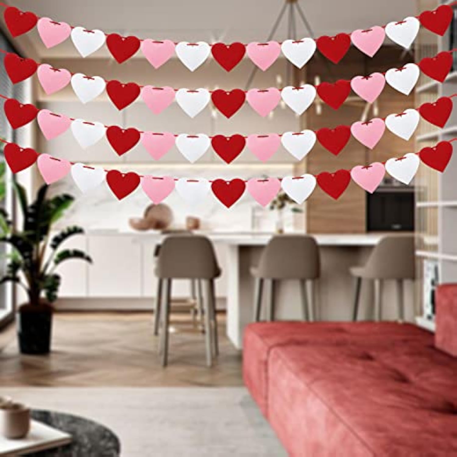 4 Pack Felt Heart Banner Pre-Strung Valentine’S Day Garland Banner Hea