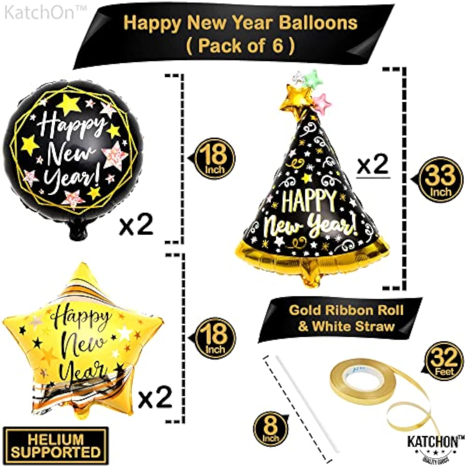 6 Pcs 33 Inch Happy New Year 2026 Foil Balloons Party Set