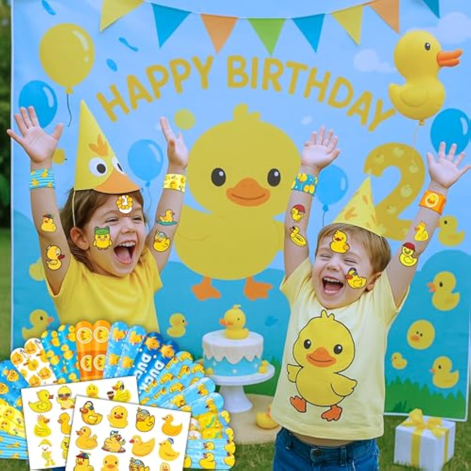 48Pcs Duck Party Favors - 24Pcs Temporary Tattoos & 24Pcs Slap Bracelets - Cute Birthday Party Supplies, Decorations, Baby Shower Gifts, Classroom Prizes, And Rewards For Boys & Girls