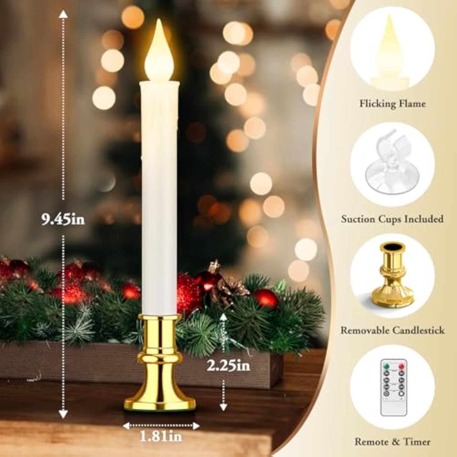 Window Candles Cordless Battery Operated With Timer Remote, 6 Packs Flameless Led Candle Lights With Gold Removable Candlesticks, Gift For Christmas Windows Table Decoration