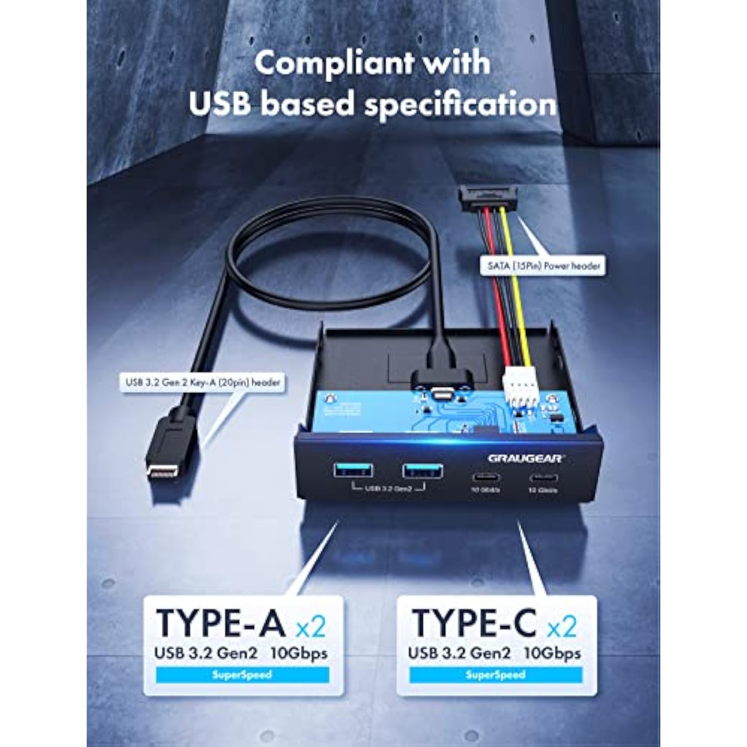 3.5 Inch Front Panel Hub, 4 Ports Internal Metal Usb Hub, 2 Usb-C 10Gbps And 2