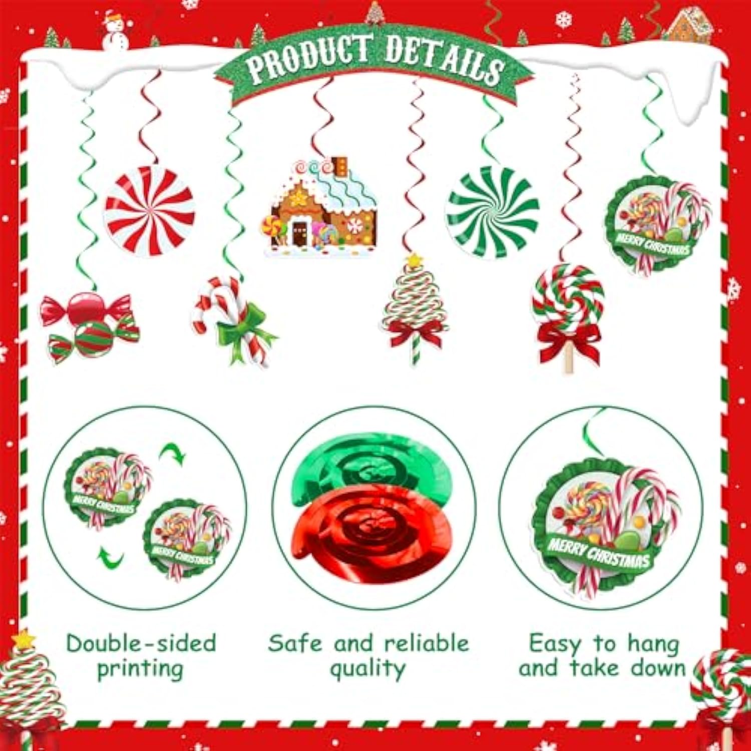 Merry Christmas Candy Banner, Peppermint Decorations Include Candy Banner And Hanging Swirls, Christmas Party Supplies Decorations