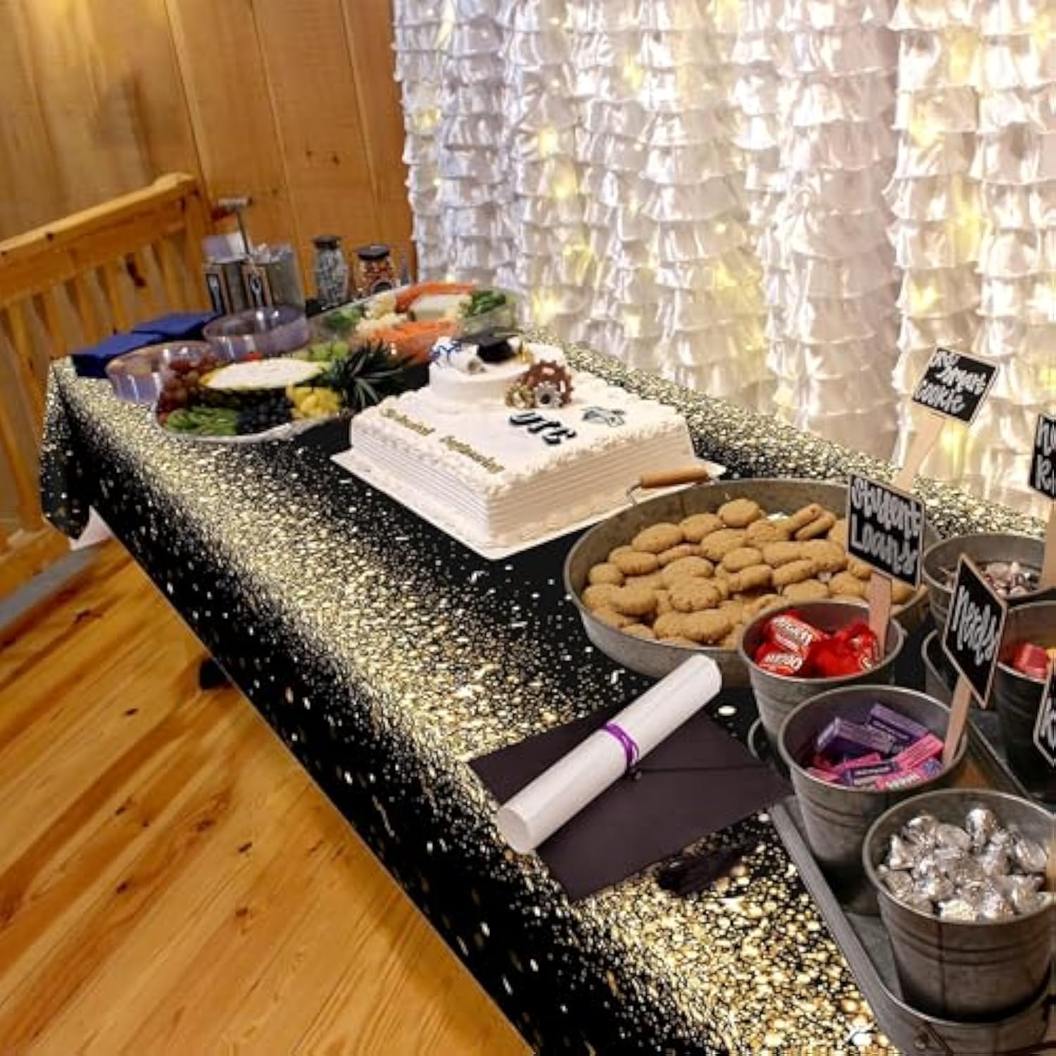 Fabric Champagne Gold Tablecloth - 9Ft X 5Ft (274Cm X 150Cm) - Black Gold Party Decoration - Graduation, Birthday, Anniversary, Promotion, New Year Eve Nye - Machine Washable - Reusable