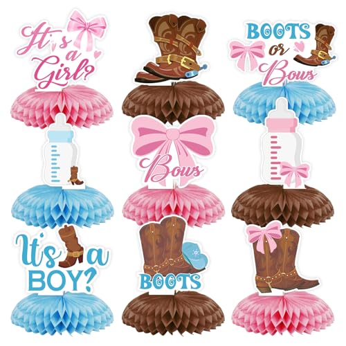 9Pcs Boot or Bow Centerpiece Gender Reveal Honeycomb Decoration, Boots Centerpieces Decoration Supplies for Tables, Personalized Western Cowboy Decor Supplies for Party Events