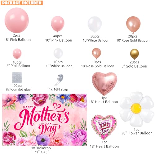 Mothers Day Decorations, 153PCS Mother’s Day Decorations for Party Pink Rose Gold Balloons with Large Happy Mother’s Day Banner Backdrop, Mothers Day Balloon Arch Kit