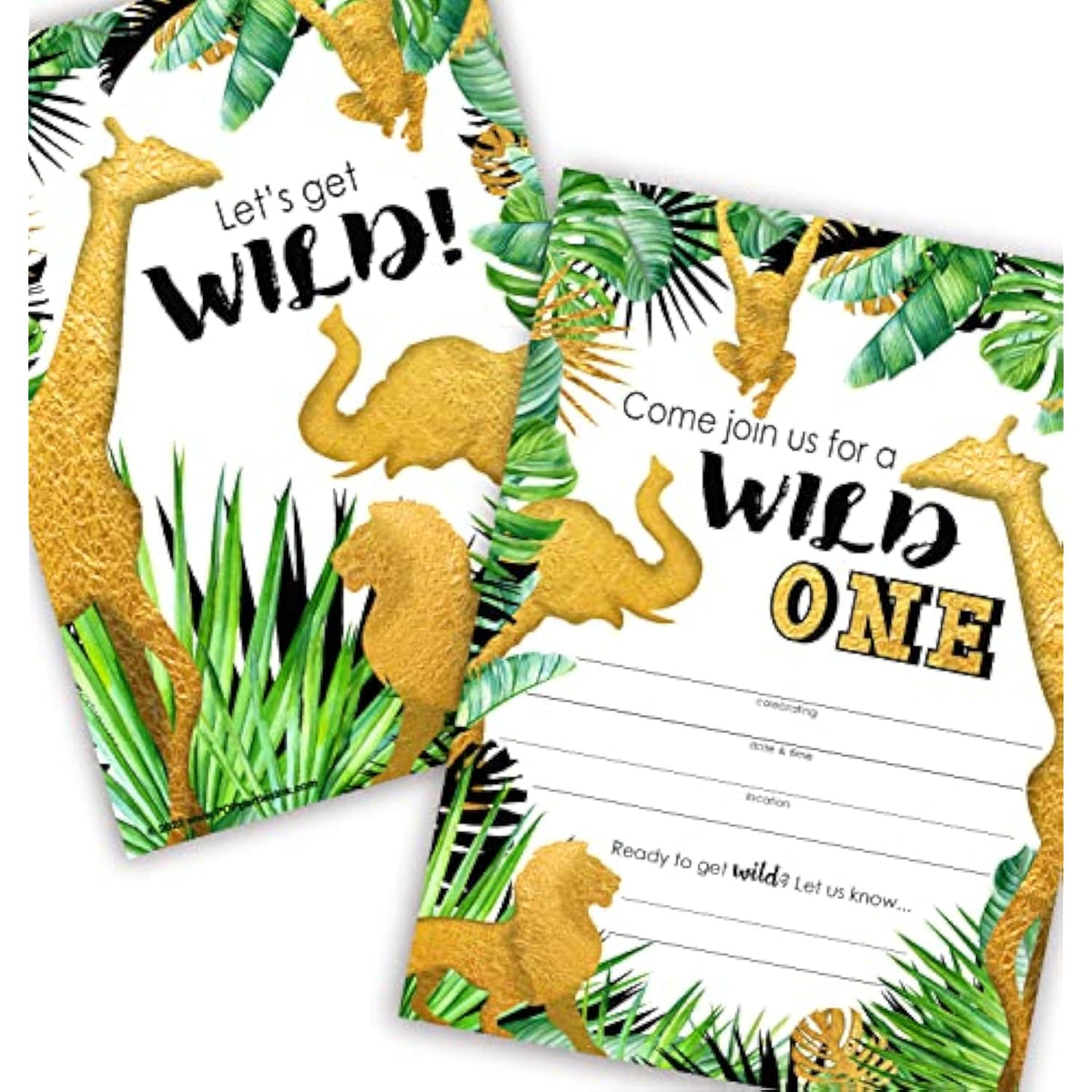 Golden Safari Birthday Party Invitations - 40 Pieces - 20 Invitations + 20 Envelopes - Jungle Party Supplies - Gold Safari Party Supplies - Gold Safari Decorations - Jungle Birthday Party Invitations - Hb 20Ct