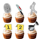 18Pcs Glitter Detective Fingerprint Suspect Dessert Cupcake Topper Mystery Crime Clue Evidence Theme Men Women Girls Boys Happy Birthday Party Decor Supplies Decorations