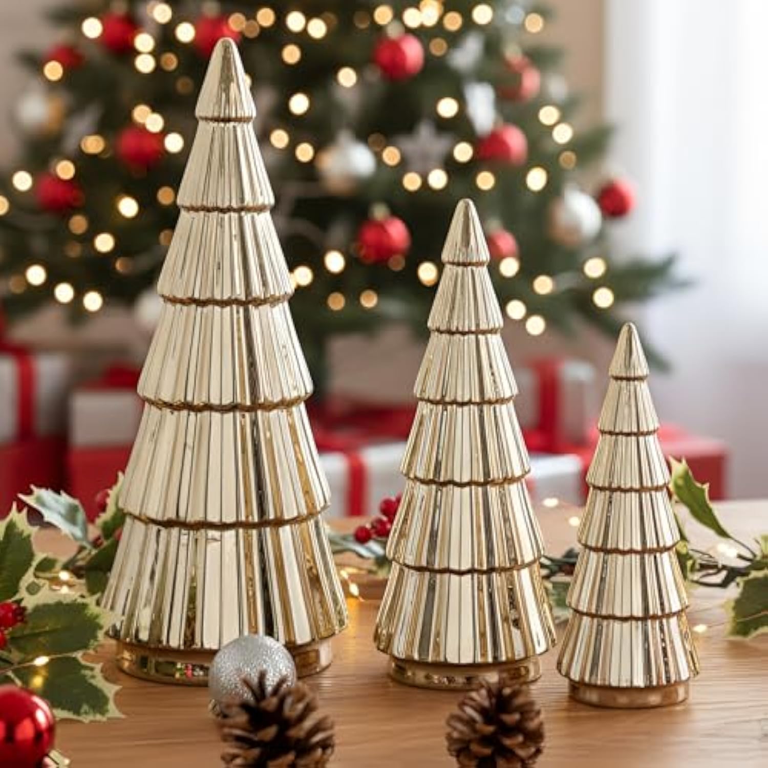3 Pieces Gold Ceramic Christmas Tree Figurines Tabletop Small Decorative Xmas Tree Desktop 6.3" & 8.1" & 10.2" Tall Holiday Table Centerpieces For Office Home Mantle Shelf Cabinet Decor Indoor