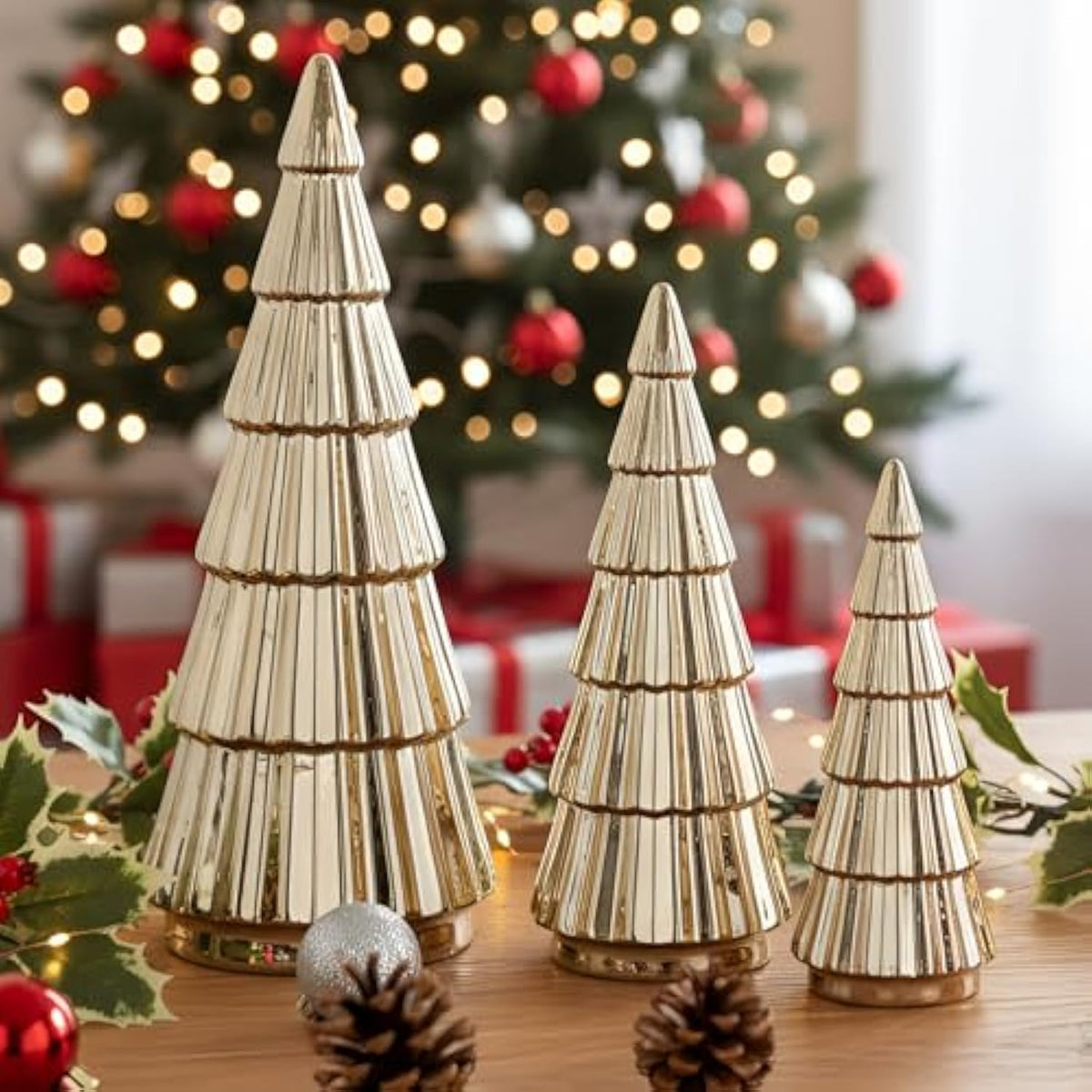 3 Pieces Gold Ceramic Christmas Tree Figurines Tabletop Small Decorative Xmas Tree Desktop 6.3" & 8.1" & 10.2" Tall Holiday Table Centerpieces For Office Home Mantle Shelf Cabinet Decor Indoor