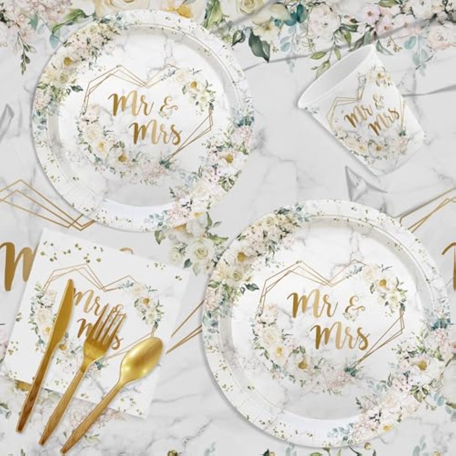 193 Pcs White Wedding Party Decorations, Mr And Mrs Paper Plates Cup And Nakpins Set, Floral Wedding Disposable Dinnerware With Tablecloth, Bridal Shower Disposable Party Supplies, 24 Guests