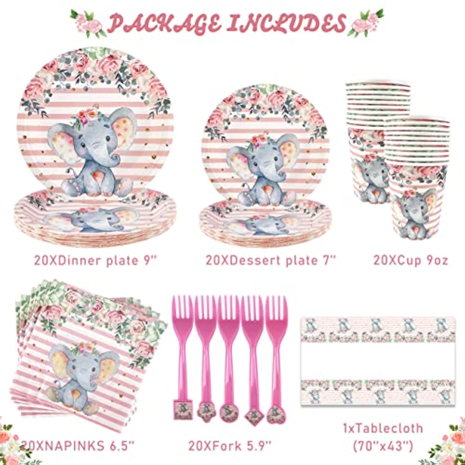 Elephant Baby Shower Decorations For Girl, Elephant Theme Tablecloths, Balloons, Backdrop, Banner, Plates, Napkins, Paper Cups, Forks For Birthday Party Decorations| Pink Grey White