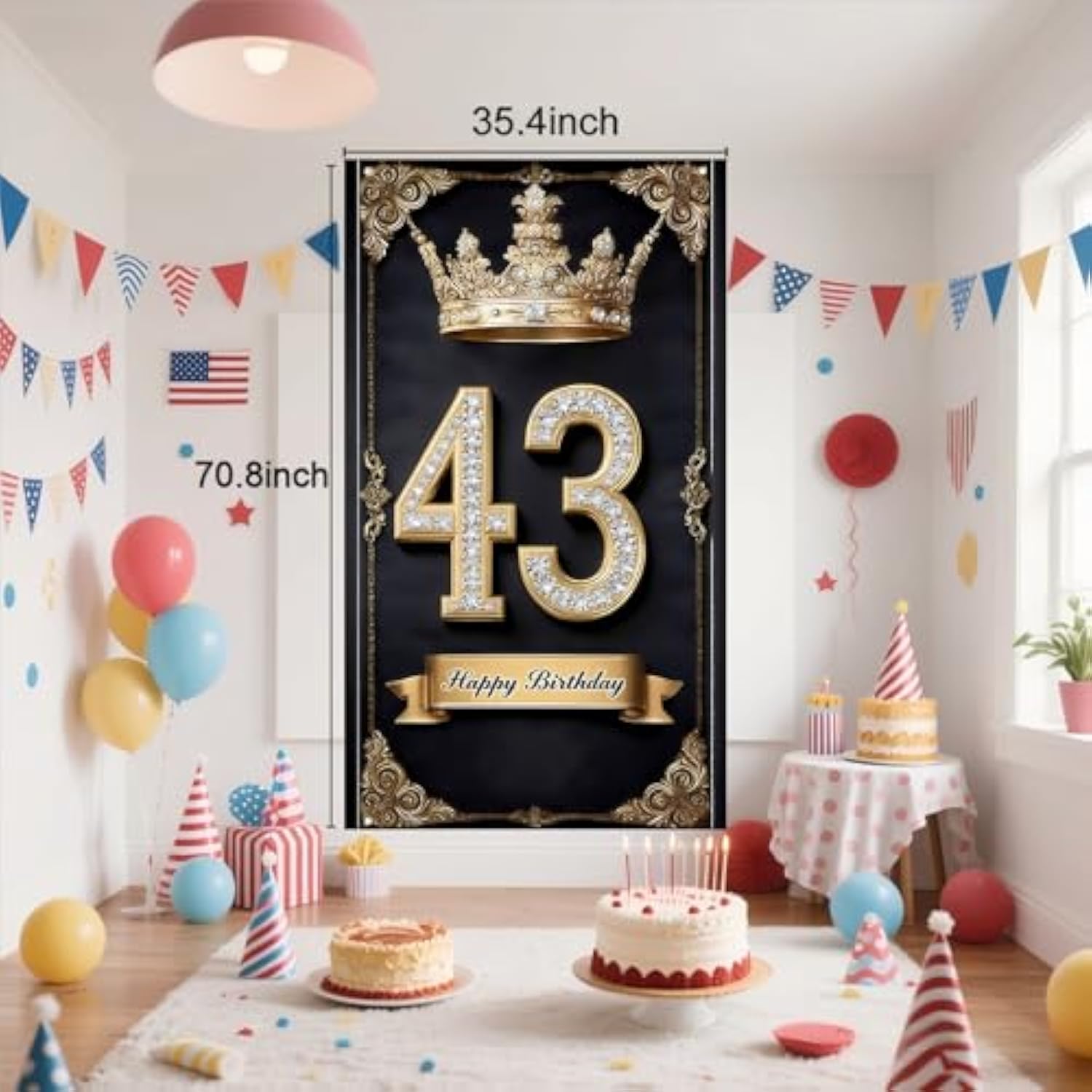 Happy 43St Birthday, Boys And Girls. Golden Black Crown Flag Background Decoration, Poster Background Photo, Booth Prop Decoration, Used For Birthday Parties, Wedding Anniversaries