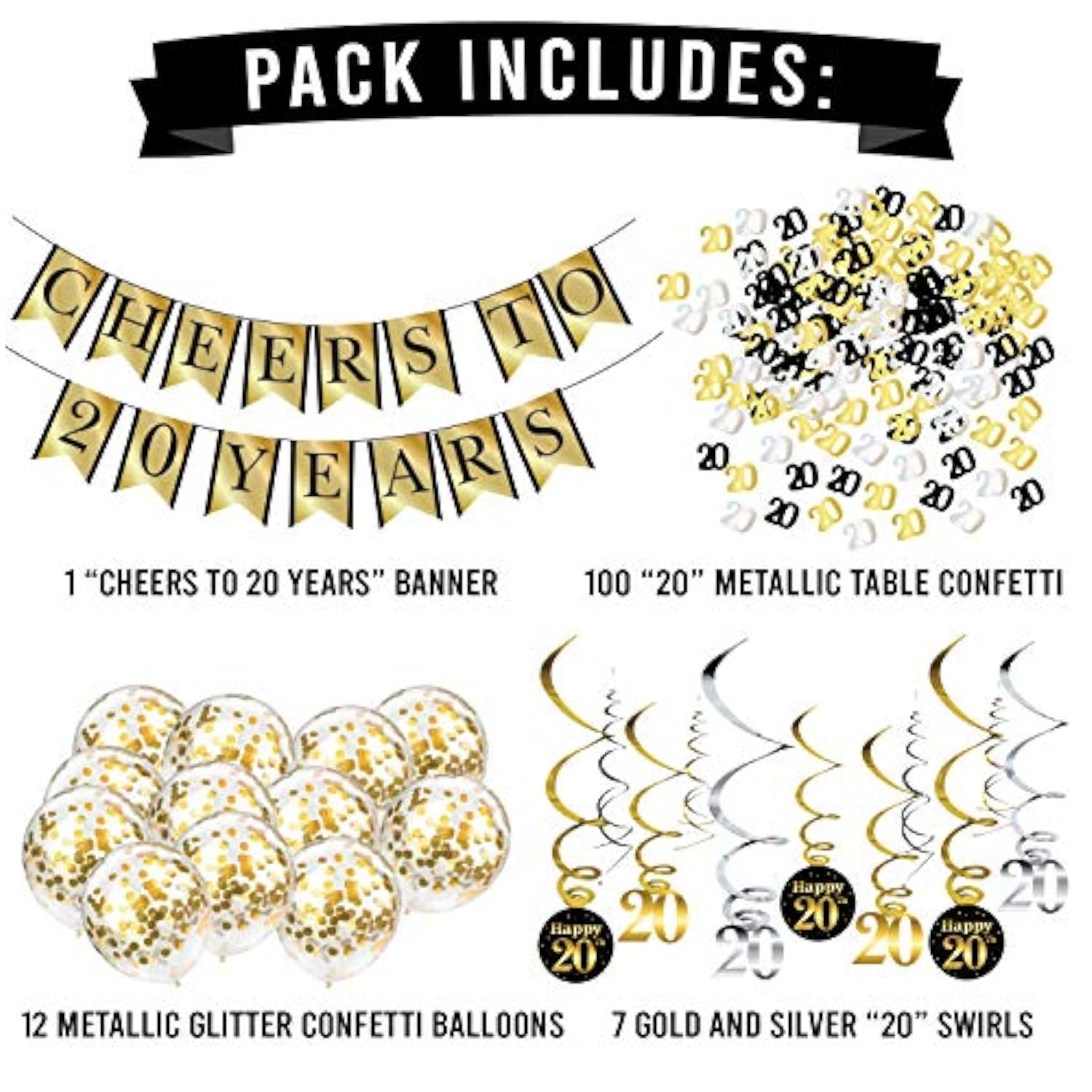 20Th Birthday And Anniversary Decorations Party Pack - Cheers To 20 Years Banner, Balloons, Swirls And Confetti Party Supplies