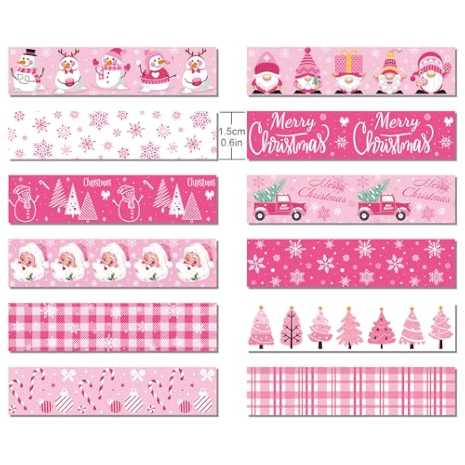 12 Rolls Pink Christmas Washi Tape Christmas Tree Snowman Santa Claus Snowflake Candy Cane Patterned Masking Tape For Scrapbook Journal Gift Wrapping Craft Supplies