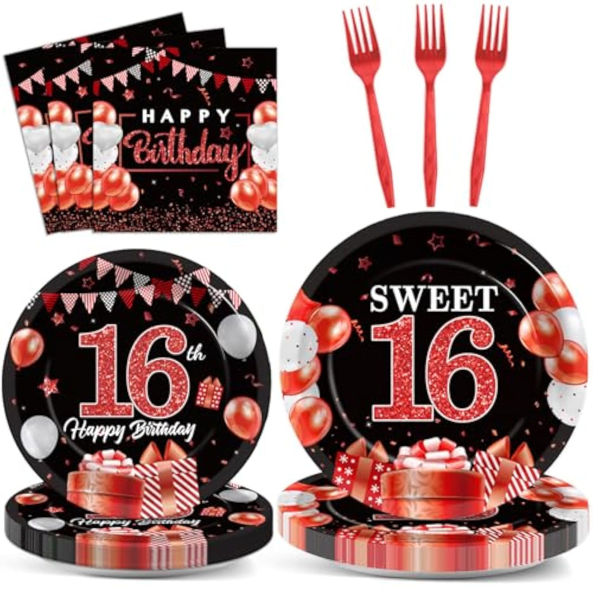 Sweet 16 Party Supplies: Red & Silver Decorations, 24 Guests (96 Pcs
