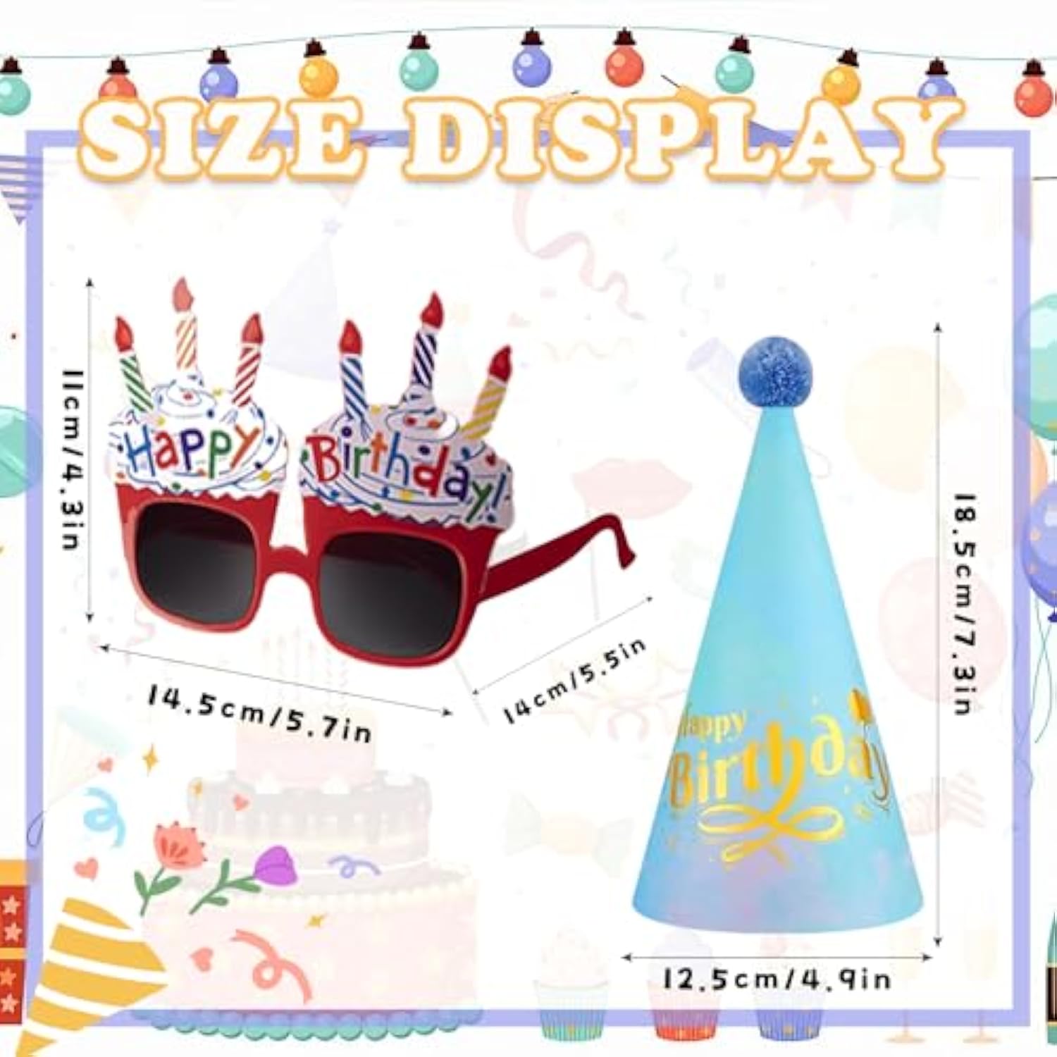20 Pcs Birthday Party Hats For Adults Birthday Sunglasses Funny Rainbow Party Cone Hats With Pom Poms Photo Props Supplies(Rainbow Style)