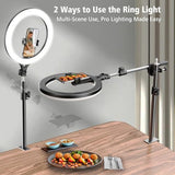 Ring Light with Stand and Phone Holder, Overhead Phone Mount, Phone Stand for Recording, 11 Circle LED Ring Light for Desk with Clamp for Live