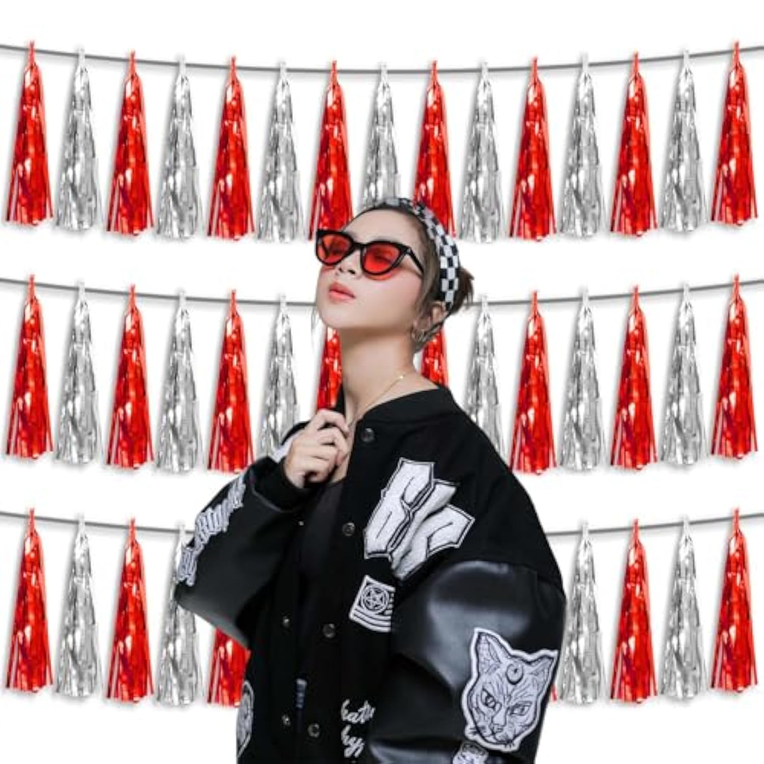 3P Metallic Fringe Tassel Banner Garland Foil Tinsel Streamer Wall Hanging Curtain Backdrop Banner For Parade Floats,Halloween Decorations, Christmas Day, Wedding Party Decoration(Red Silver)