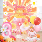 Young Wild And Three Decorations Girl, Three Groovy Birthday Party Decorations,Balloons, Backdrop Cake Topper, Sunglasses For Hippie Groovy 3Rd Birthday Party Decorations