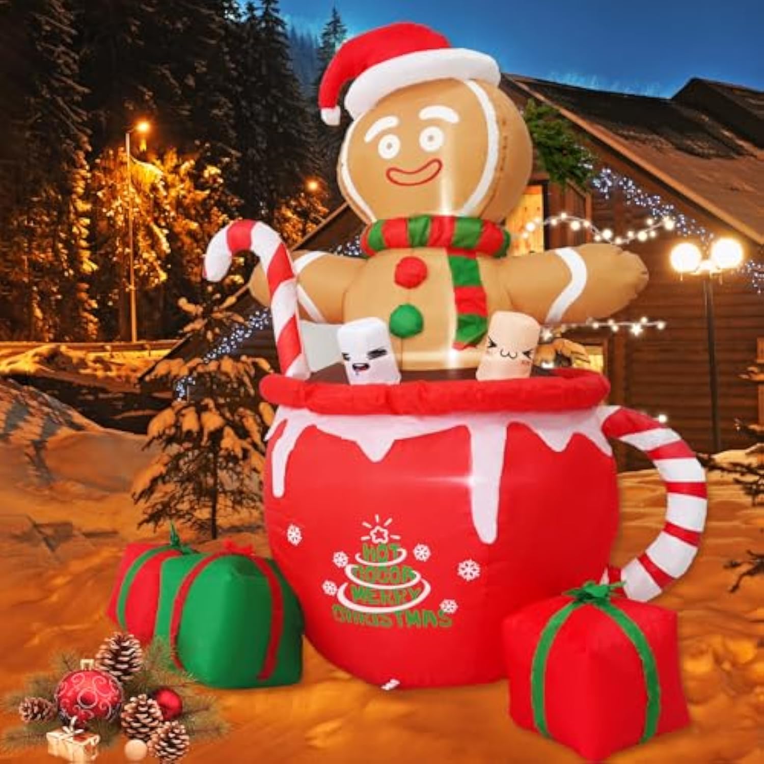 6Ft Gingerbread Christmas Inflatable Outdoor Decoration, Christmas Outdoor Decoration Blow Up Gingerbread Mug Yard Decor
