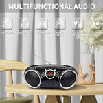 030C Portable Cd Player Boombox Am Fm Analog Tuning Radio, Aux Line In, Headphone Jack, Foldable Carrying Handle (Black With A Touch Of Grey Rims)