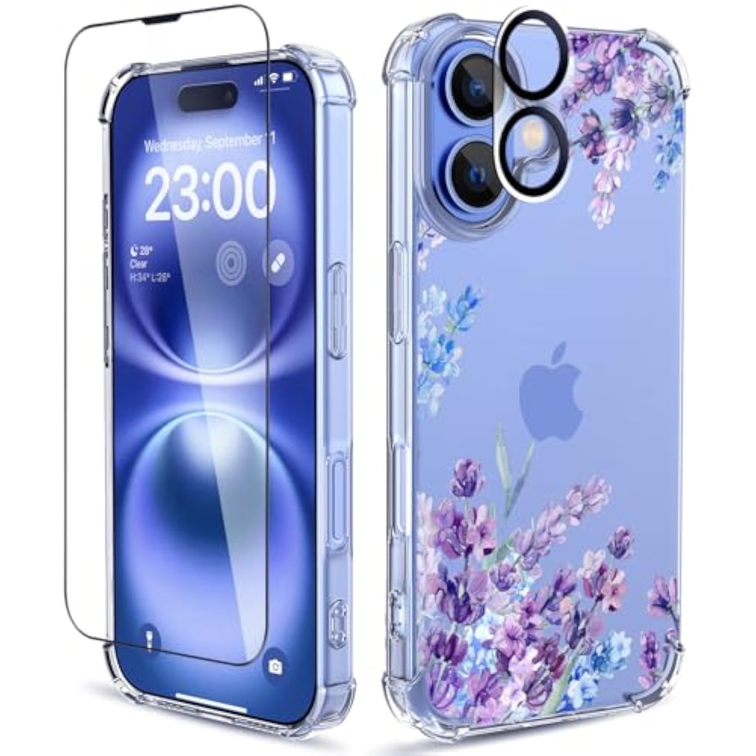 For 16 Case,[3 In 1] With Screen Protector & Camera Lens Protector, Flower Pattern Design,Clear Soft Shockproof Slim Floral Phone Cover For Women Girls 2024 6.1" (Lavender/Purple)
