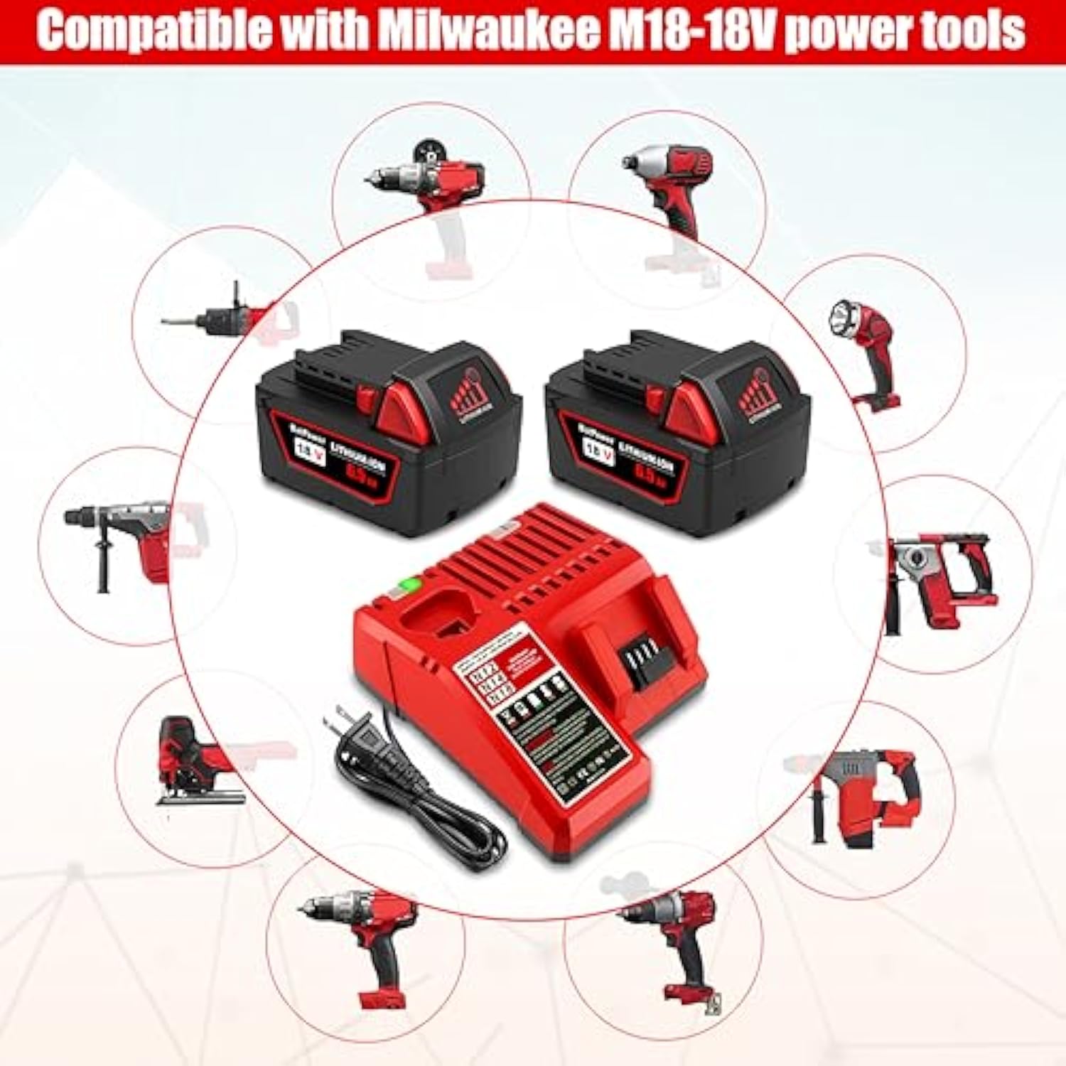 2 Pack 18V 6.5Ah 48-11-1862 Extended Capacity Battery With Charger Combo Replacement For Milwaukee 18V M18 Battery And Charger Kit 48-59-1812 Xc 6.0 Ah 48-11-1865 18V Battery And Charger