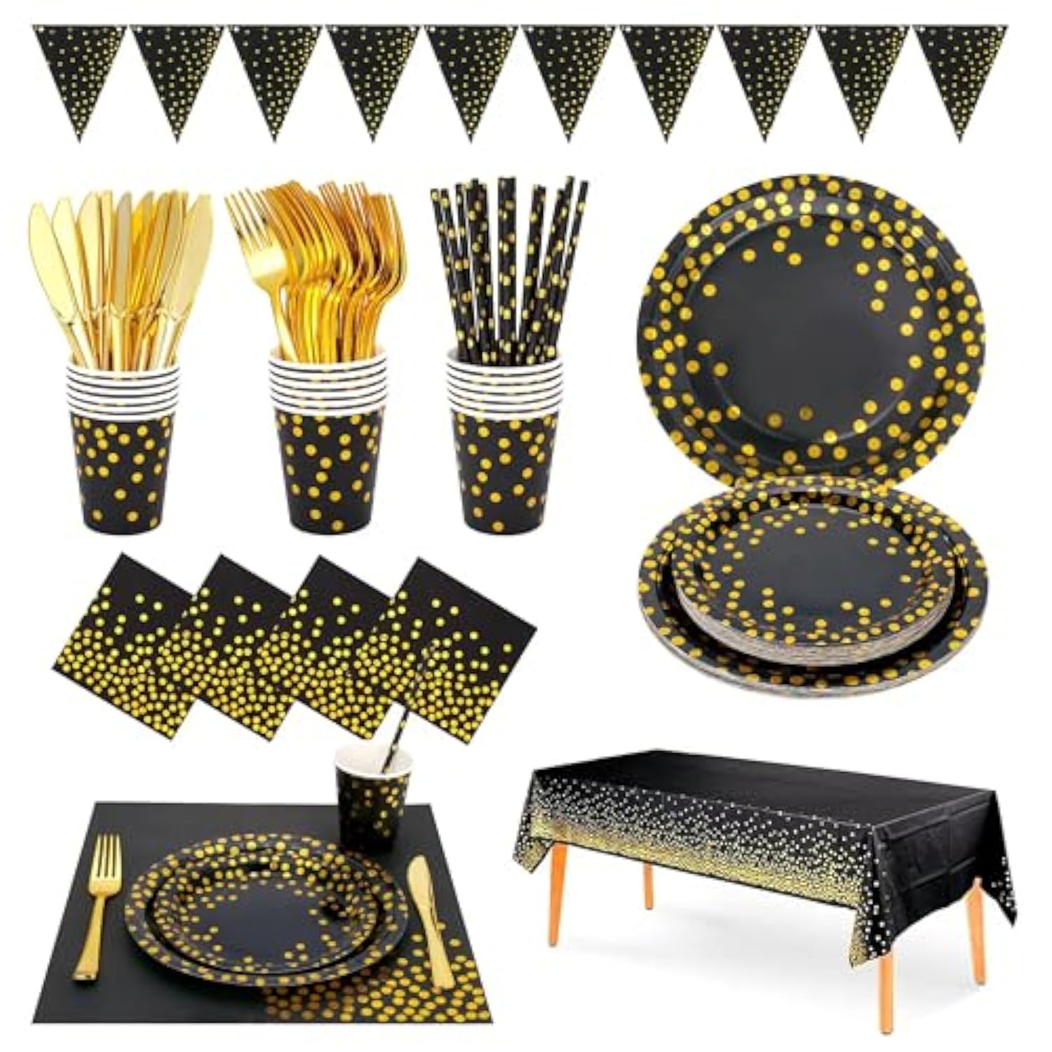 186-Piece Black Gold Party Tableware Set Serves 25 Plates Napkins Cups Cutlery