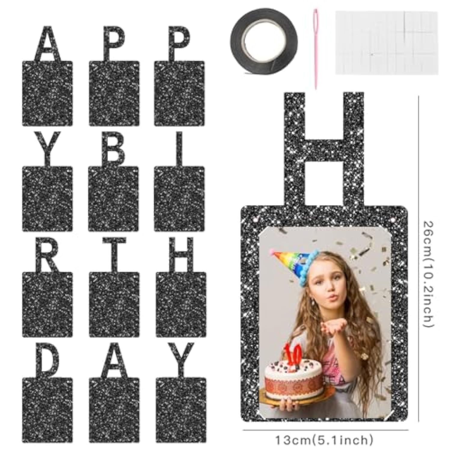 Birthday Photo Banner & Frame, Black Background for Kids and Adults' Party Decor