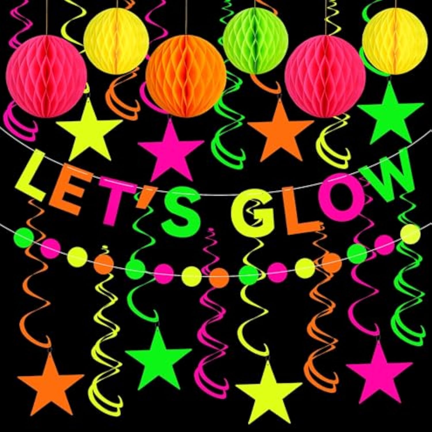 Neon Party Supplies Includes Let'S Glow Banner Star Hanging Swirls Circle Dot Garland Glow In The Dark Party Hanging Decorations For Birthday Black Light Party Decorations