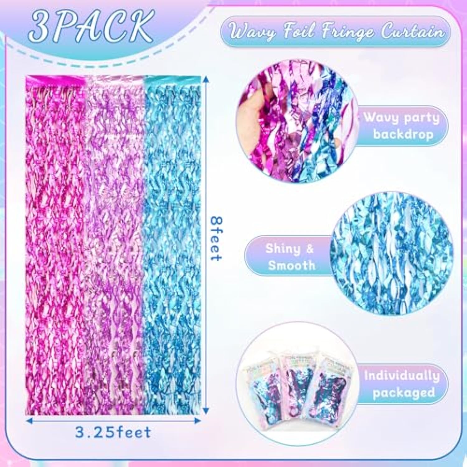 3 Pack Wavy Foil Fringe Curtain, Pink Purple Blue Streamers Water Beach Backdrop For Mermaid Theme Birthday Decorations Under The Sea Party Decorations, Summer Holiday Party, 3.3X6.6 Feet