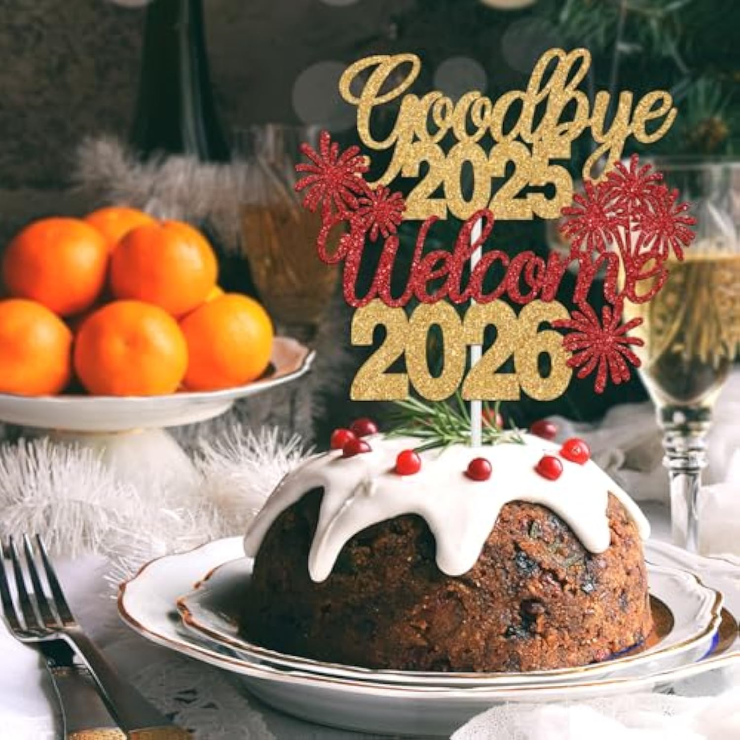 Goodbye 2025 Welcome 2026 Cake Topper Gold Glitter Party Decor