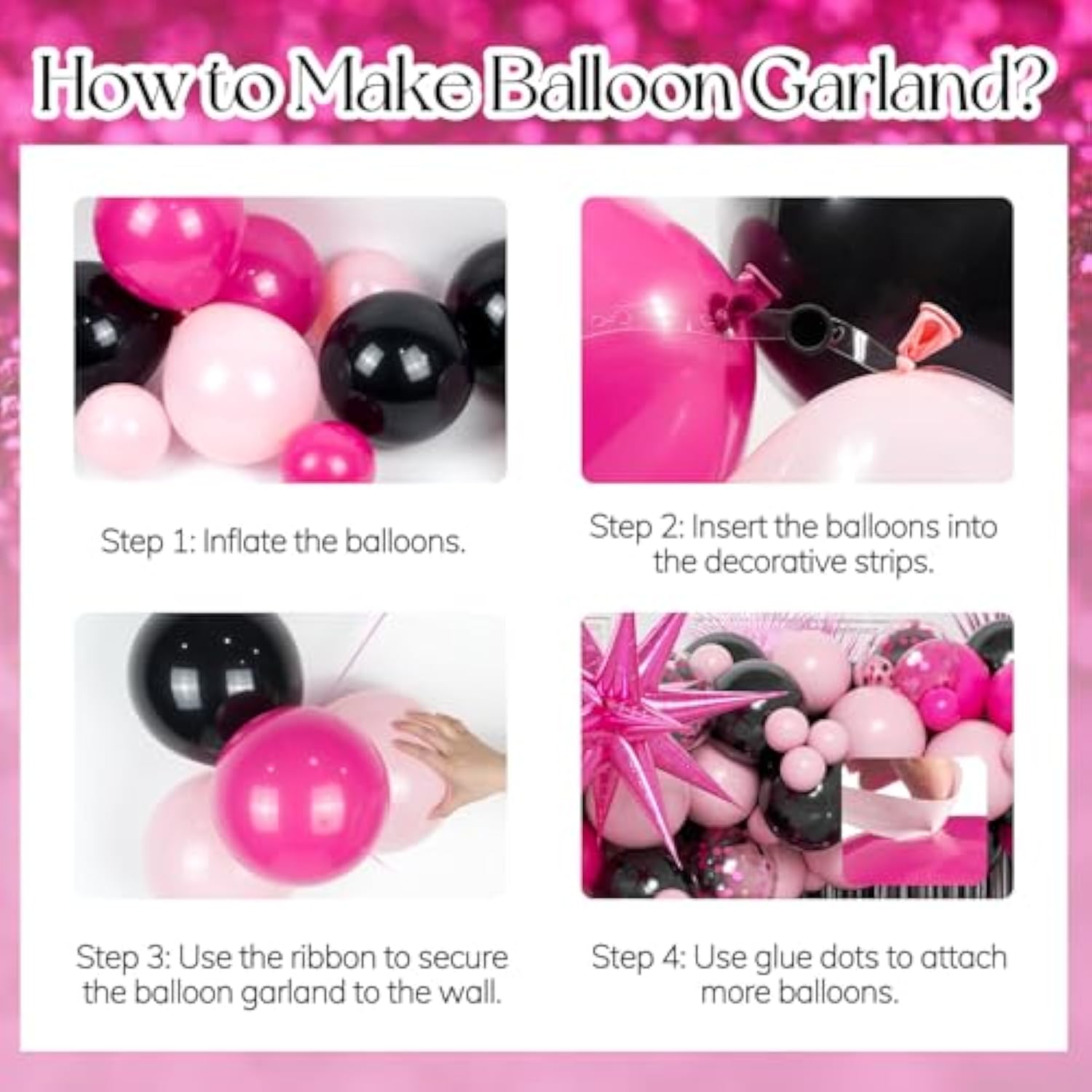 Hot Pink & Black Birthday Decorations With Confetti & Foil Balloons, Fringe Curtains For Happy Birthday Celebrations
