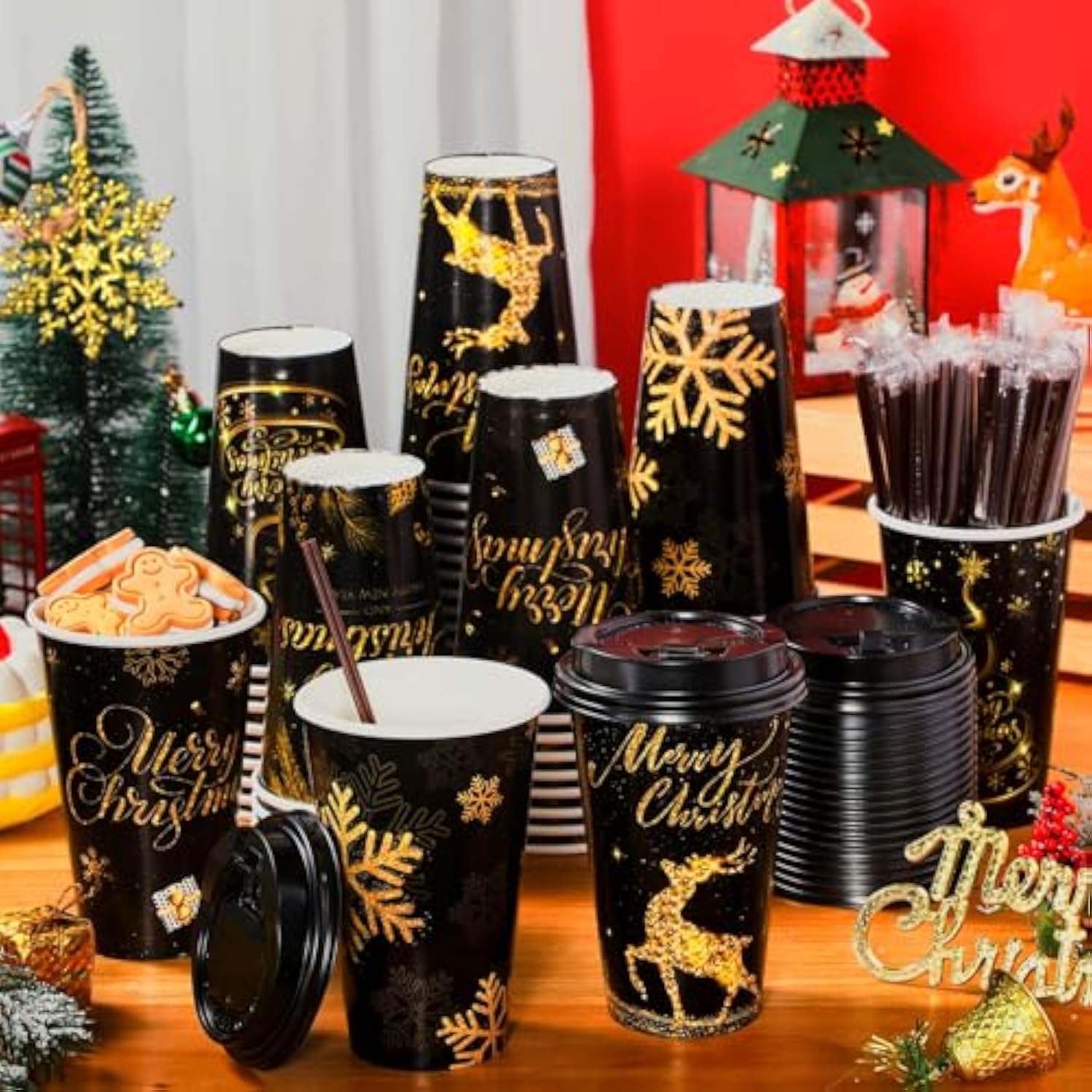 50 Pack 16 Oz Christmas Coffee Cups Bulk Black Gold Snowflake Disposable Cups Merry Christmas Paper Cups With Lids Straws Elk Paper Drinking Cups For Kids Christmas Birthday Party Supplies