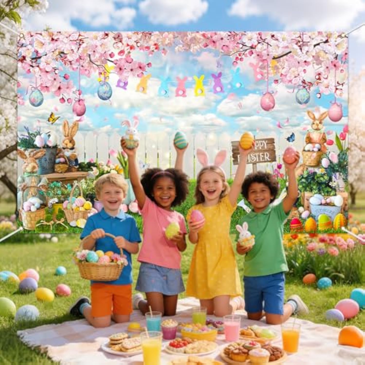 Happy Easter Backdrop Hello Spring Party Decorations Banner Easter Eggs Rabbit Grass For Festival Party Photography Background Supplies (Pink, 70.8 X 43.3 Inch)