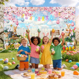 Happy Easter Backdrop Hello Spring Party Decorations Banner Easter Eggs Rabbit Grass For Festival Party Photography Background Supplies (Pink, 70.8 X 43.3 Inch)