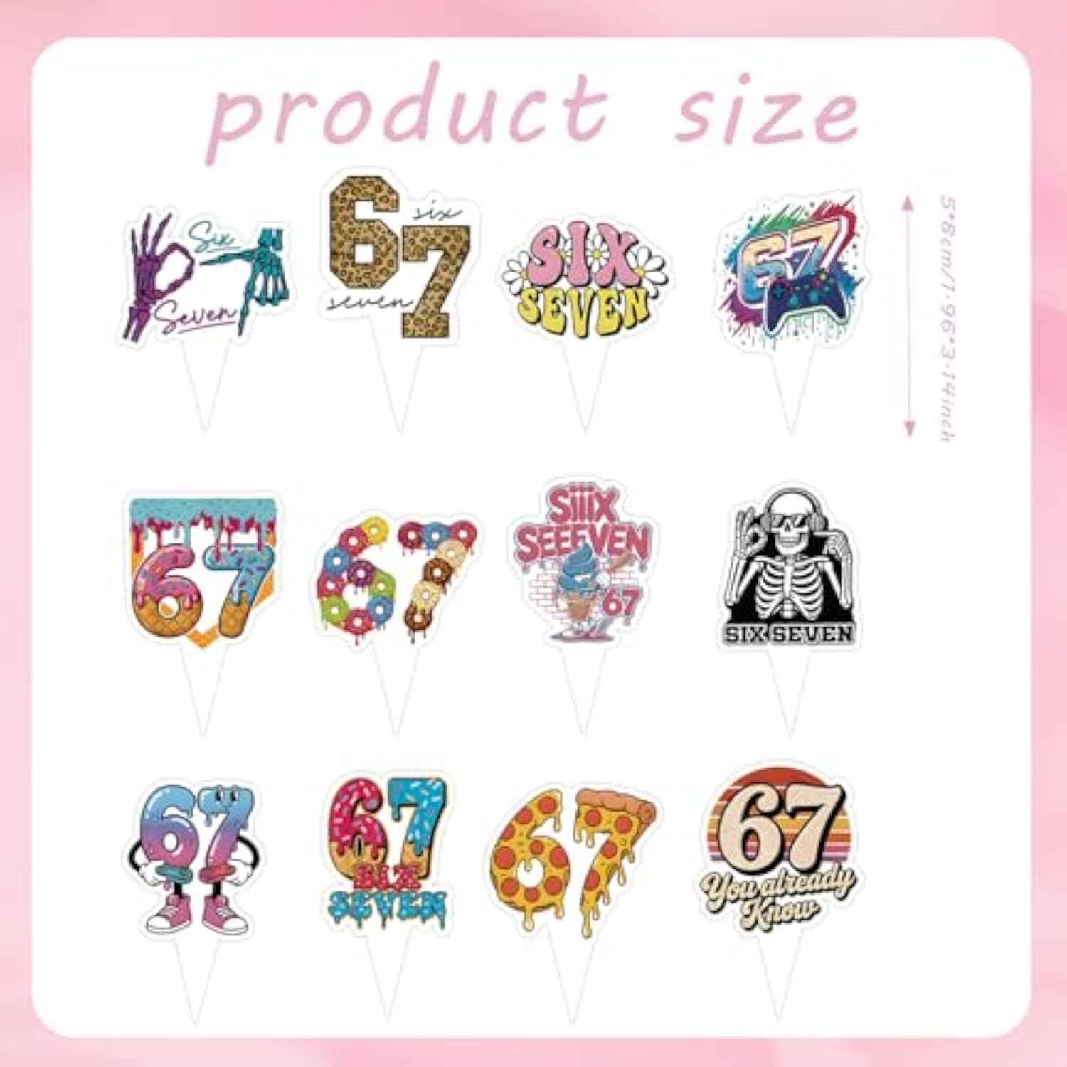 24Pcs Six Seven Cupcake Toppers, Funny 6 7 Party Decorations Funny Six Seven Birthday Cake Decorations For Donut Ice Cream Baseball Meme 6 7 Theme Party Supplies (24)