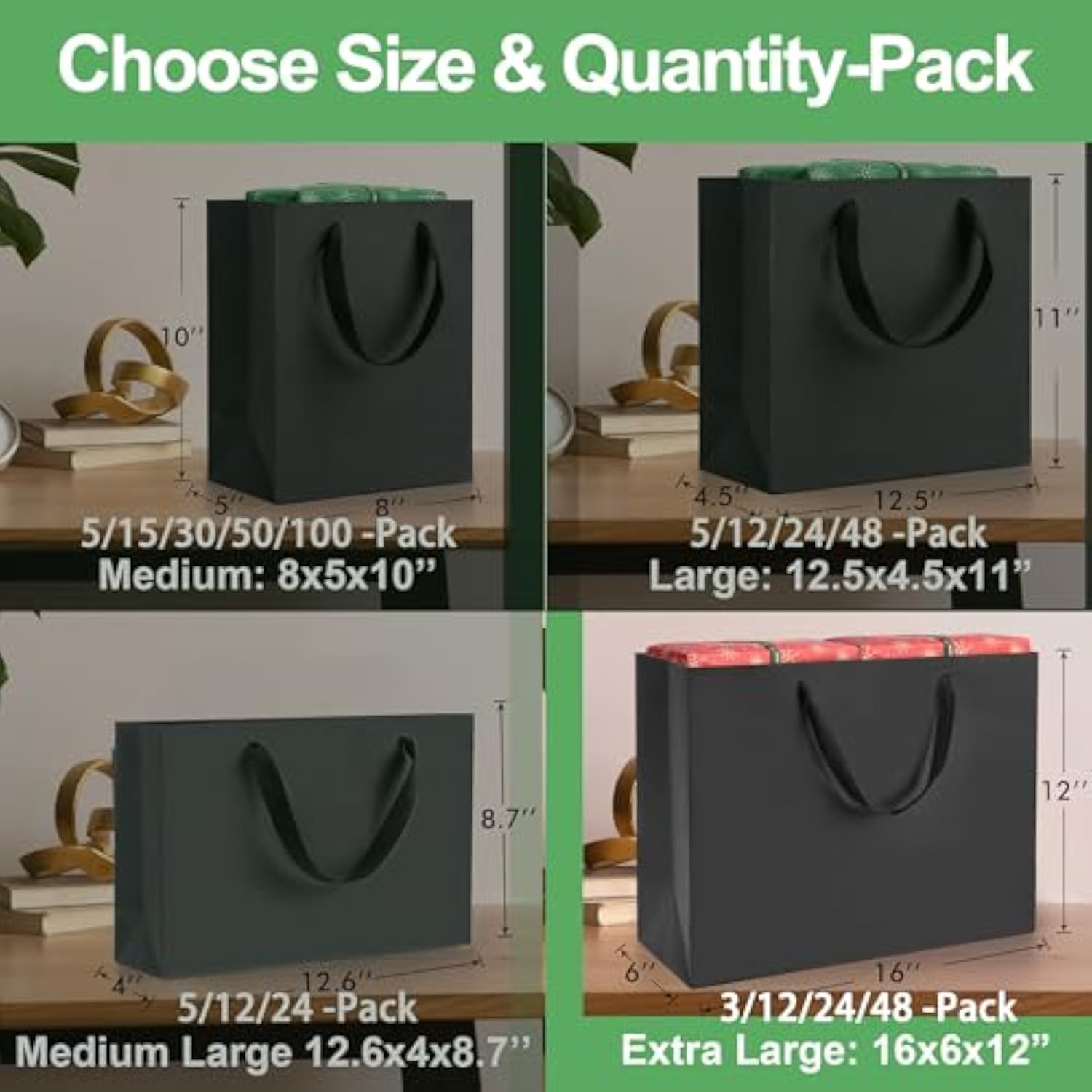 Extra Large Black Gift Bags: 16X6X12 Inch 3Pcs Black Paper Bags With Handles Bulk For Party Shopping Birthday Wedding (Xl-3)