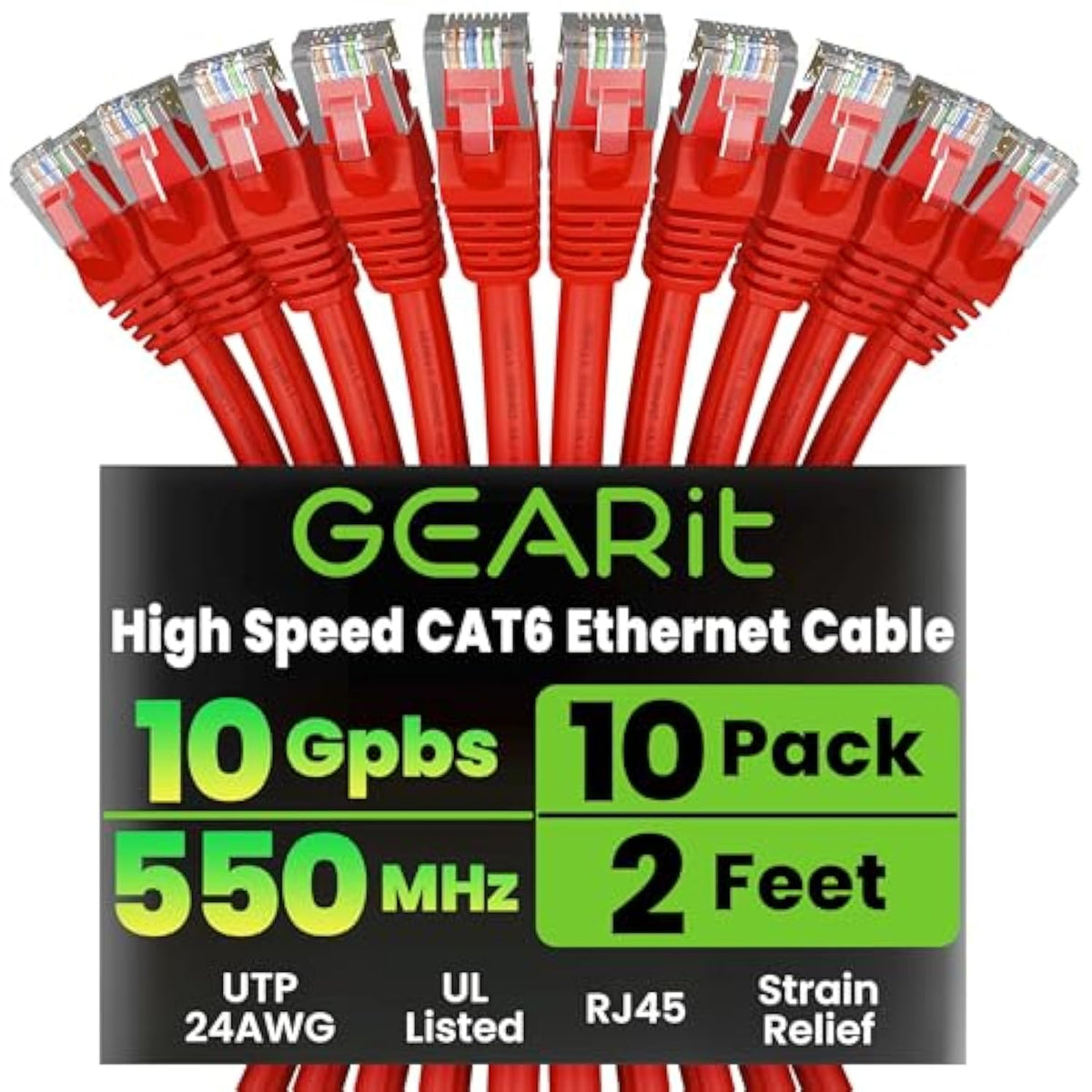 GearIT Cat 6 Ethernet Cable 2 ft (10-Pack) - Cat6 Patch Cable, Cat 6 Patch Cab